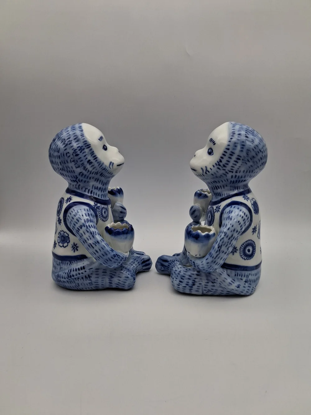Blue and White Ceramic Monkey Candle Holder - Set of 2 - Signed